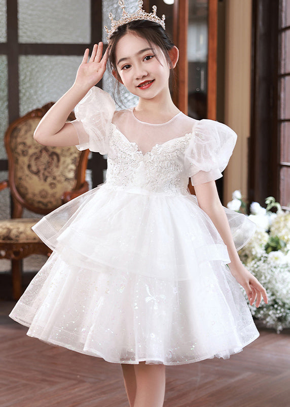 Boutique Champagne O-Neck Tulle Girls Mid Princess Dress Short Sleeve XZ032 SDGM240618