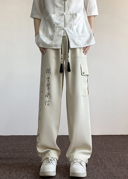 Boutique Chinese Style Beige Pockets Print Ice Silk Men Pants Summer YT049 Men-Silk-MENP240721