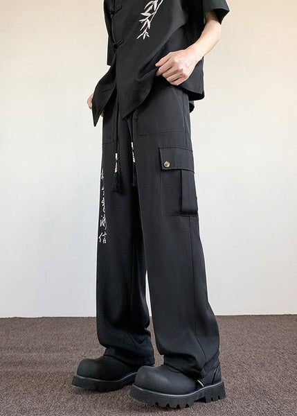 Boutique Chinese Style Beige Pockets Print Ice Silk Men Pants Summer YT049 Men-Silk-MENP240721