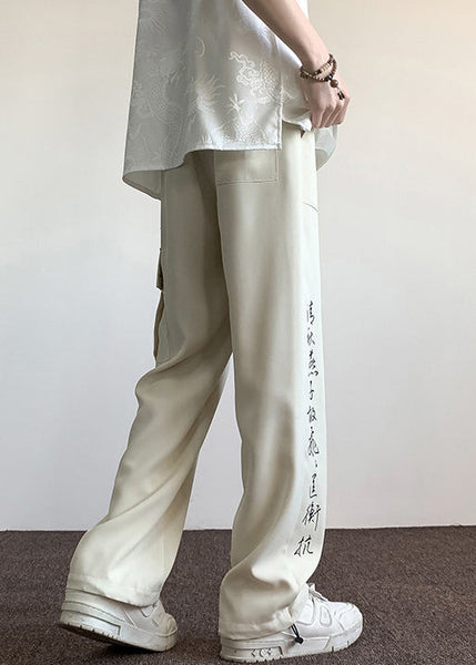Boutique Chinese Style Beige Pockets Print Ice Silk Men Pants Summer YT049 Men-Silk-MENP240721