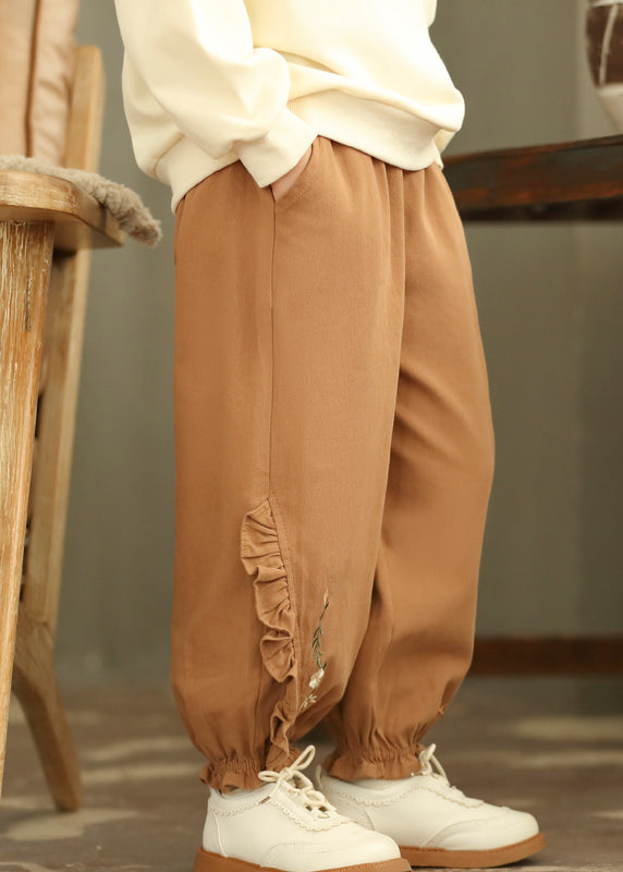 Boutique Coffee Embroideried Ruffled Patchwork Girls Harem Pants TV008