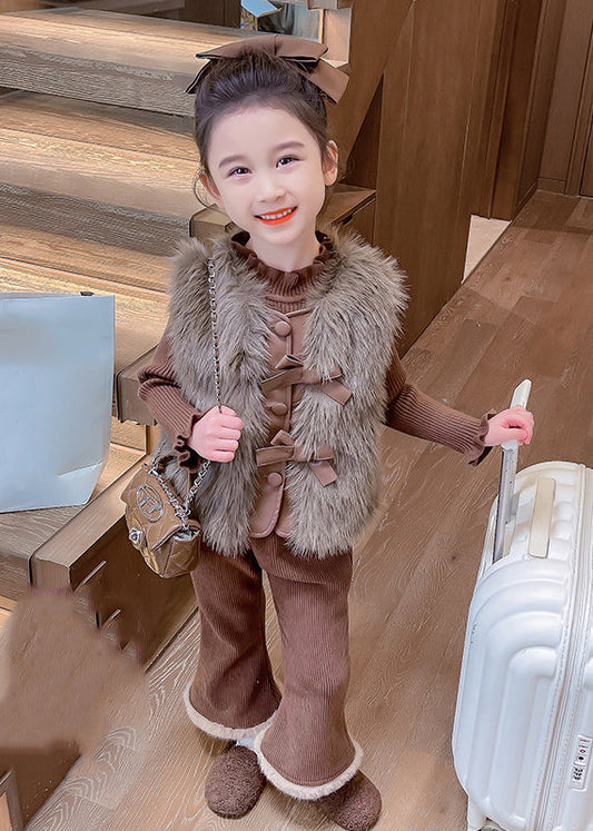 Boutique Coffee Warm Kids Knitted Cotton Waistcoat Sweaters And Flared Trousers Two Pieces Set Winter TR018 ABC