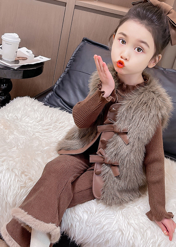 Boutique Coffee Warm Kids Knitted Cotton Waistcoat Sweaters And Flared Trousers Two Pieces Set Winter TR018 ABC