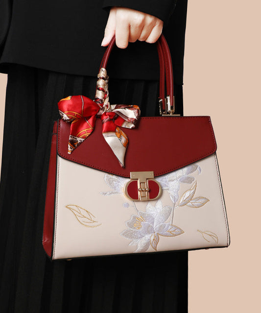 Boutique Tote Embroidery Calf Leather Bag Colorblock FashionChic