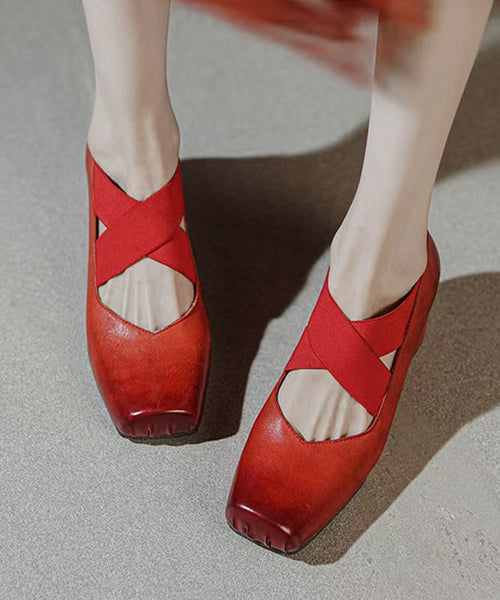 Boutique Heel Chunky Cross Red Strap Horsehide Leather Splicing FashionChic