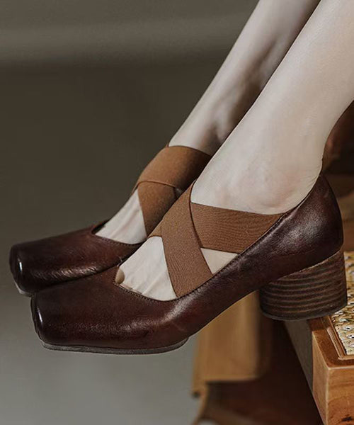 Boutique Heel Chunky Cross Red Strap Horsehide Leather Splicing FashionChic