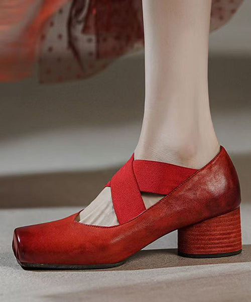 Boutique Heel Chunky Cross Red Strap Horsehide Leather Splicing FashionChic