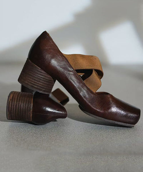 Boutique Heel Chunky Cross Red Strap Horsehide Leather Splicing FashionChic