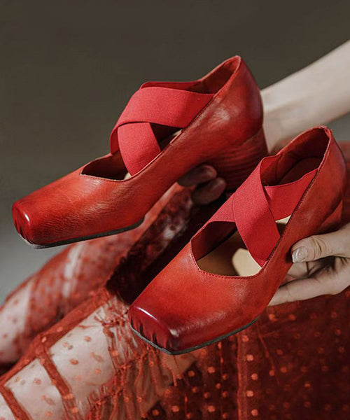 Boutique Heel Chunky Cross Red Strap Horsehide Leather Splicing FashionChic