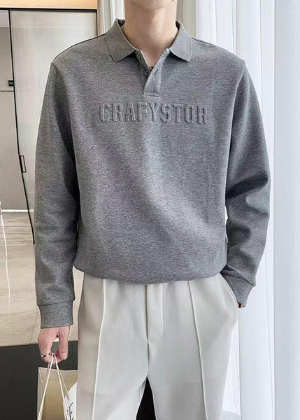 Boutique Cotton TC025 Shirt Men Spring Dark Grey Letter Polo Button