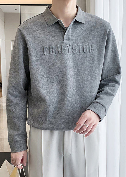 Boutique Cotton TC025 Shirt Men Spring Dark Grey Letter Polo Button