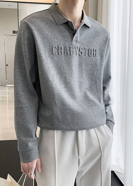 Boutique Cotton TC025 Shirt Men Spring Dark Grey Letter Polo Button