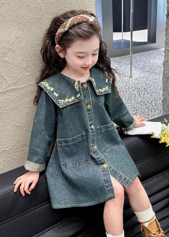 Boutique Denim Blue Peter Pan Collar Patchwork Pockets Kids Maxi Dresses Spring TV034