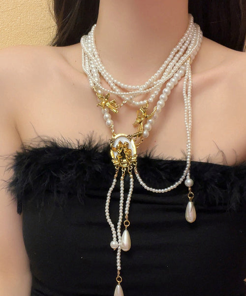 Boutique Gold Alloy Pearl Beading Tassel Pendant Necklace YA033 ABC