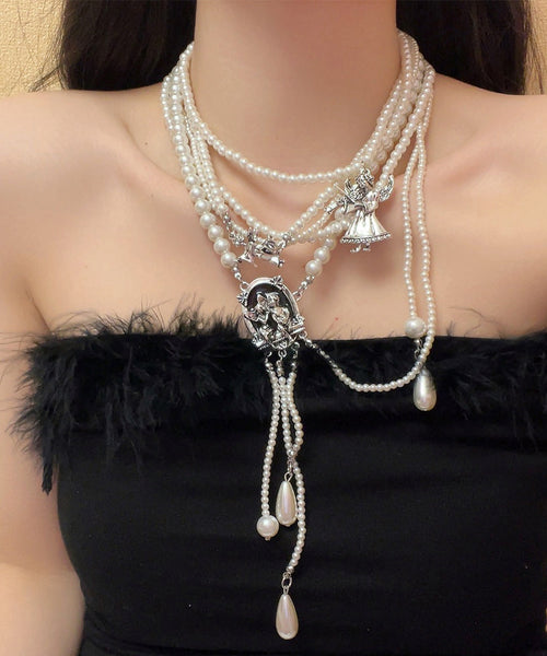 Boutique Gold Alloy Pearl Beading Tassel Pendant Necklace YA033 ABC