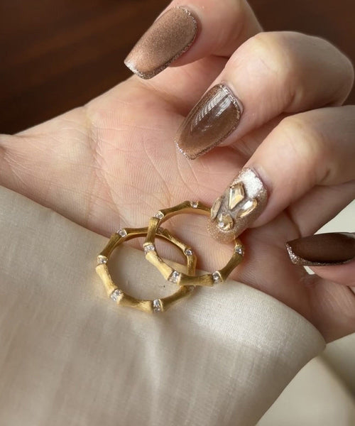 Boutique Gold Sterling Silver Overgild Bamboo Joint Wire Drawing Rings QI077 JEW-RIN240928