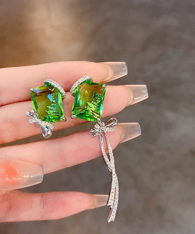 Boutique Green Copper Zircon Asymmetrical Square Bow Drop Earrings WH044 JEW-EAR241116