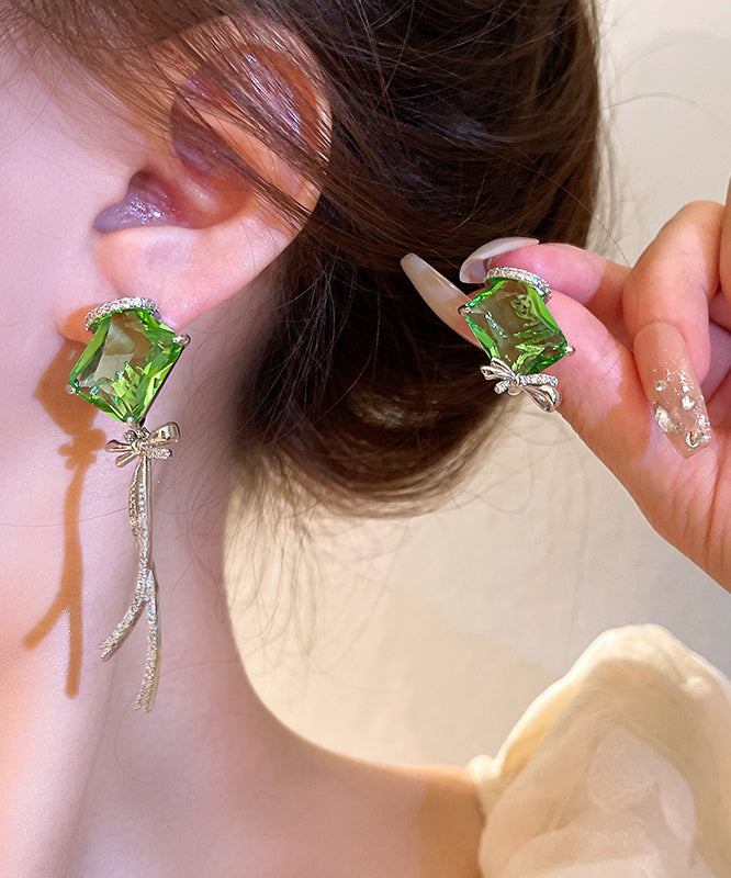 Boutique Green Copper Zircon Asymmetrical Square Bow Drop Earrings WH044 JEW-EAR241116