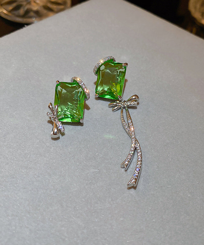 Boutique Green Copper Zircon Asymmetrical Square Bow Drop Earrings WH044 JEW-EAR241116