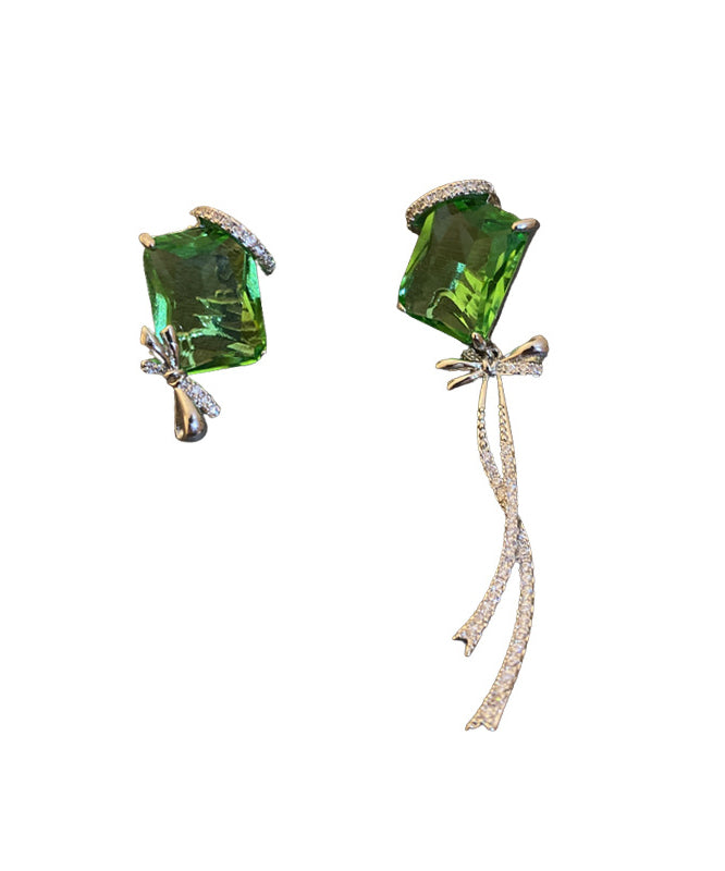 Boutique Green Copper Zircon Asymmetrical Square Bow Drop Earrings WH044 JEW-EAR241116