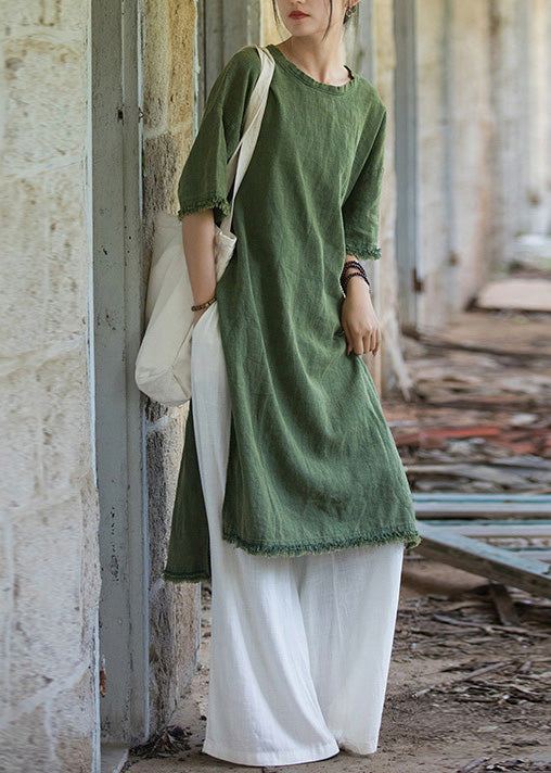 Boutique Green O Neck Side Open Linen T Shirts Dresses Summer LK037 GK-SDL240710