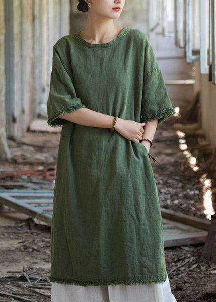 Boutique Green O Neck Side Open Linen T Shirts Dresses Summer LK037 GK-SDL240710