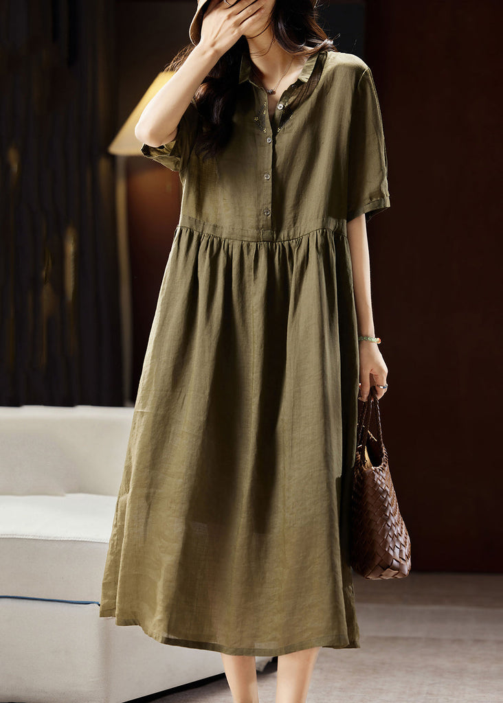 Boutique Green Peter Pan Collar Patchwork Linen Long Dresses Short Sleeve WW034 OL-SDL240812