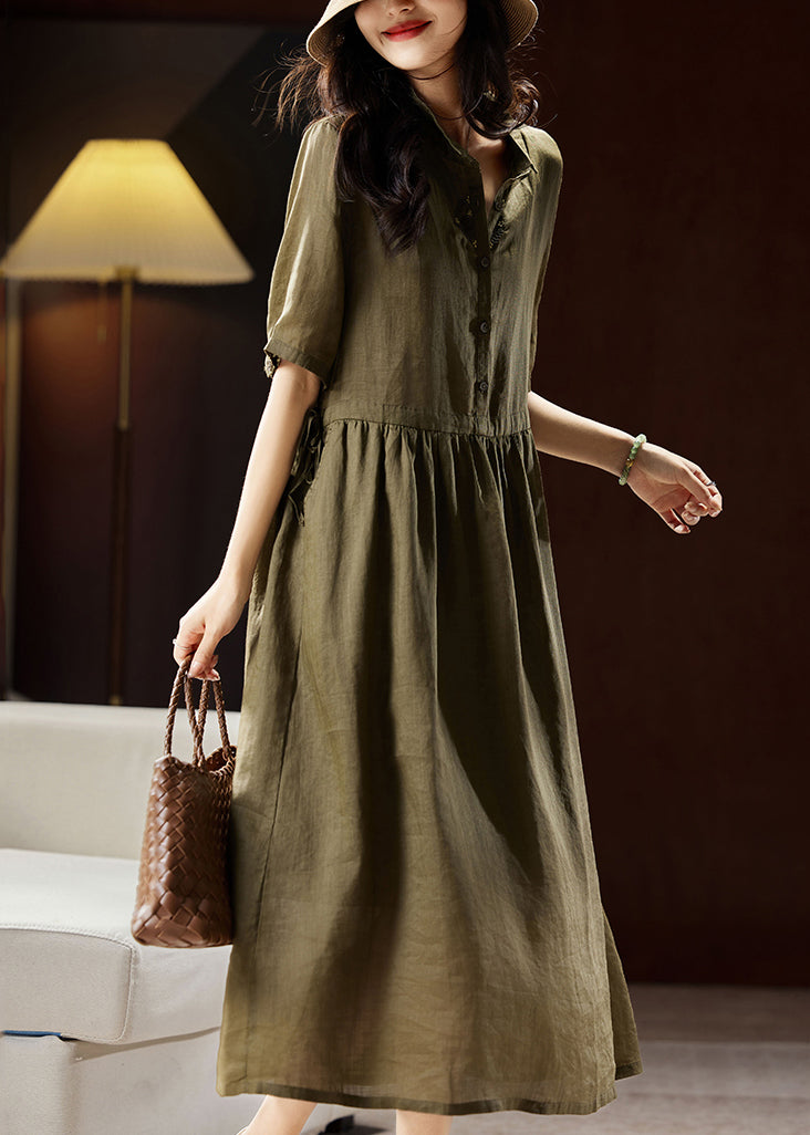Boutique Green Peter Pan Collar Patchwork Linen Long Dresses Short Sleeve WW034 OL-SDL240812