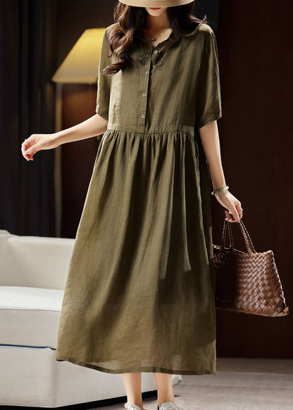 Boutique Green Peter Pan Collar Patchwork Linen Long Dresses Short Sleeve WW034 OL-SDL240812