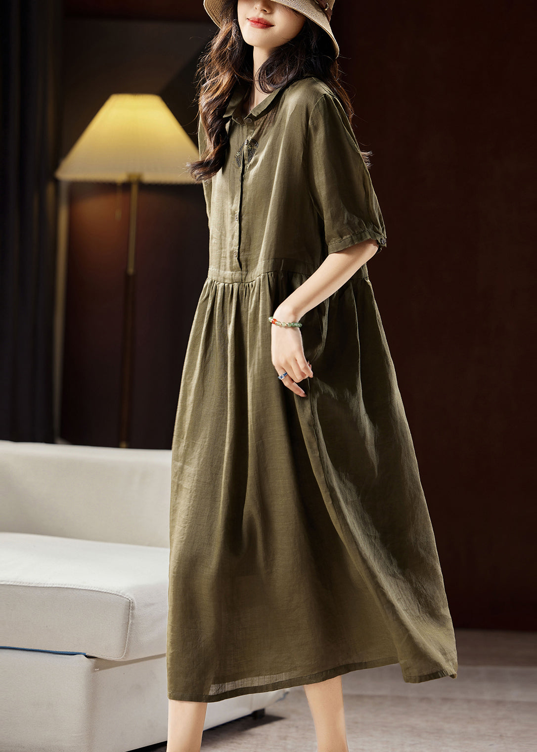 Boutique Green Peter Pan Collar Patchwork Linen Long Dresses Short Sleeve WW034 OL-SDL240812