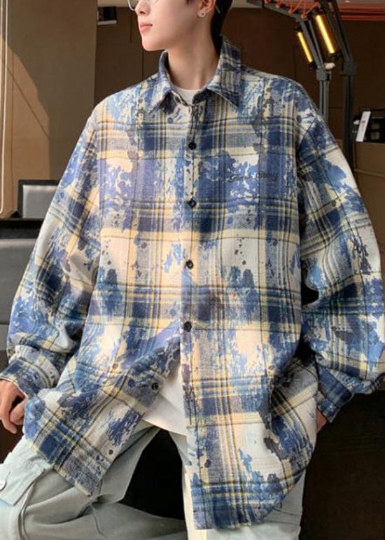 Boutique Green Peter Pan Collar Plaid Cotton Mens Shirt Fall RO006 ABC