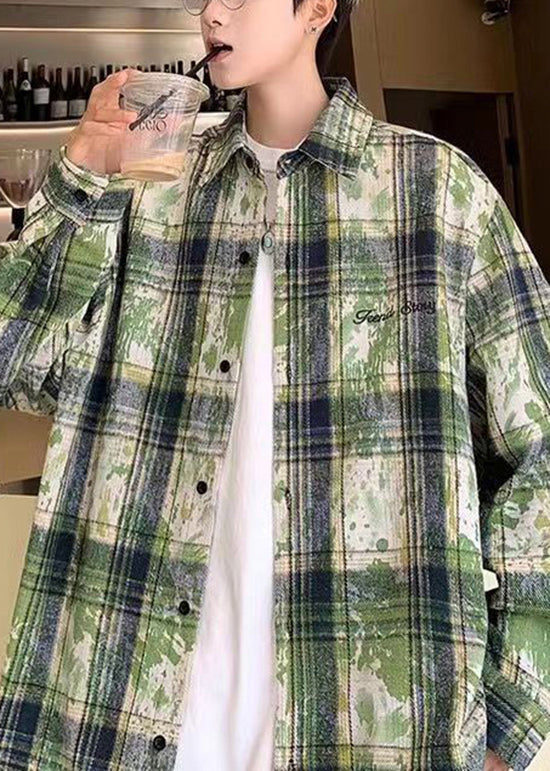 Boutique Green Peter Pan Collar Plaid Cotton Mens Shirt Fall RO006 ABC