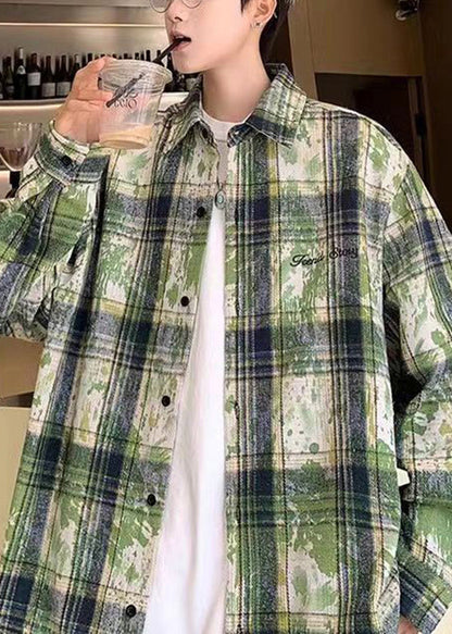 Boutique Green Peter Pan Collar Plaid Cotton Mens Shirt Fall RO006 ABC