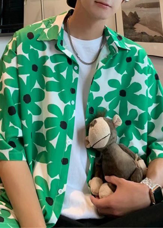 Boutique Green Peter Pan Collar Print Men Hawaiian Shirts Summer HG020 Men-Silk-MENSTP240725