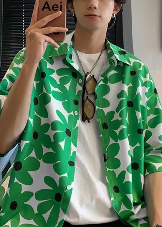 Boutique Green Peter Pan Collar Print Men Hawaiian Shirts Summer HG020 Men-Silk-MENSTP240725