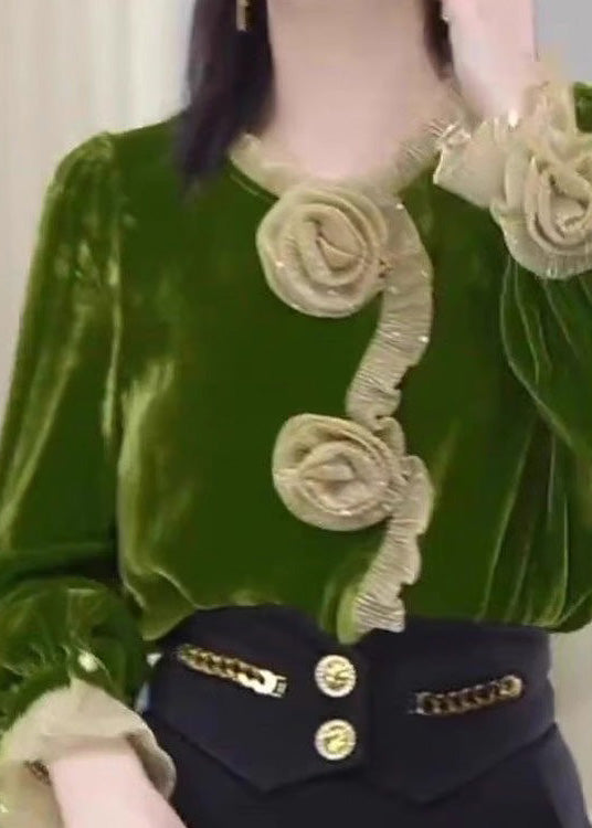 Boutique Green Ruffled Floral Velour Blouse Tops Fall WP024 NZ-LTP241107