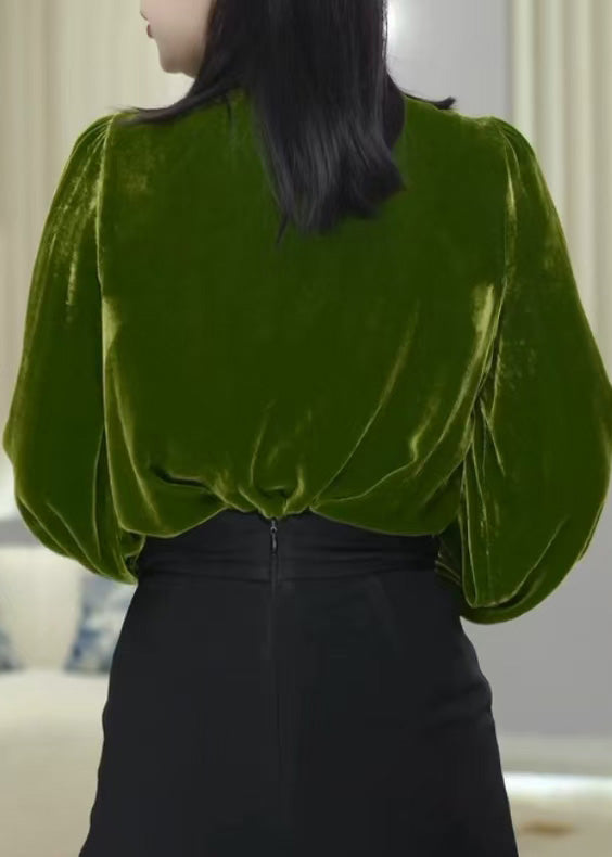 Boutique Green Ruffled Floral Velour Blouse Tops Fall WP024 NZ-LTP241107