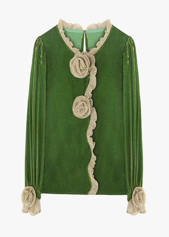 Boutique Green Ruffled Floral Velour Blouse Tops Fall WP024 NZ-LTP241107