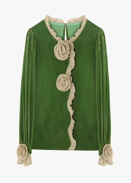 Boutique Green Ruffled Floral Velour Blouse Tops Fall WP024 NZ-LTP241107