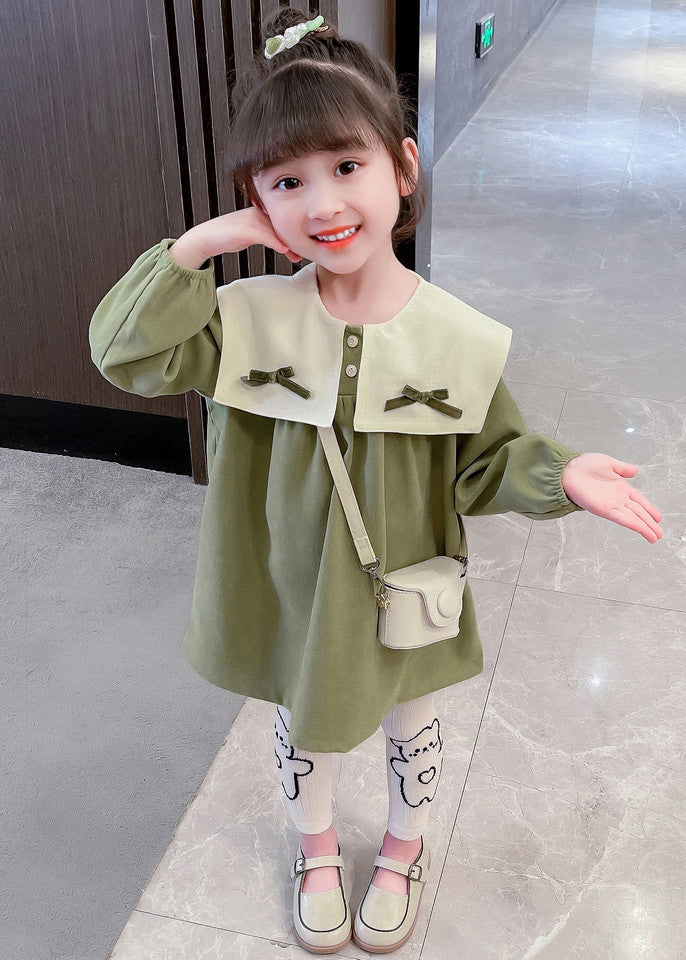 Boutique Green Sailor Collar Print Kids Mid Dresses Fall SS1053 MM-RCTZ-FDM240601