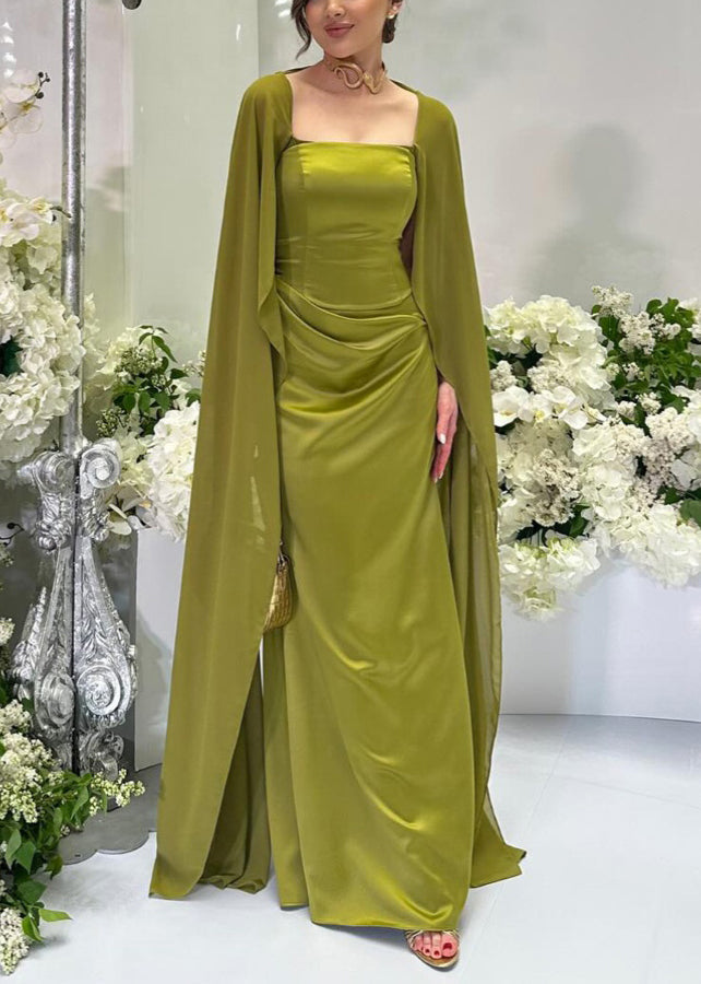 Boutique Green Square Collar Patchwork Silk Party Dresses Fall WO043 OM-ZS241108