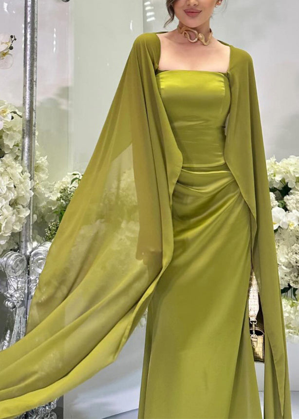 Boutique Green Square Collar Patchwork Silk Party Dresses Fall WO043 OM-ZS241108