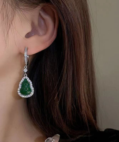 Boutique Green Sterling Silver Inlaid Zircon Jade Gourd Drop Earrings ZZ076 JEW-EAR240613