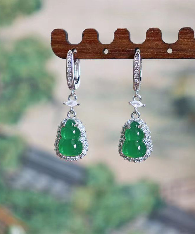 Boutique Green Sterling Silver Inlaid Zircon Jade Gourd Drop Earrings ZZ076 JEW-EAR240613