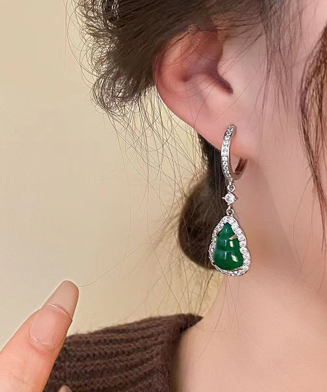 Boutique Green Sterling Silver Inlaid Zircon Jade Gourd Drop Earrings ZZ076 JEW-EAR240613