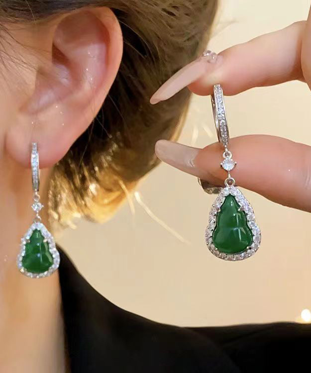 Boutique Green Sterling Silver Inlaid Zircon Jade Gourd Drop Earrings ZZ076 JEW-EAR240613