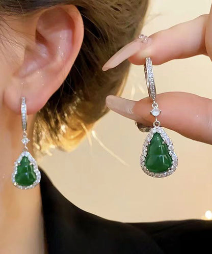 Boutique Green Sterling Silver Inlaid Zircon Jade Gourd Drop Earrings ZZ076 JEW-EAR240613