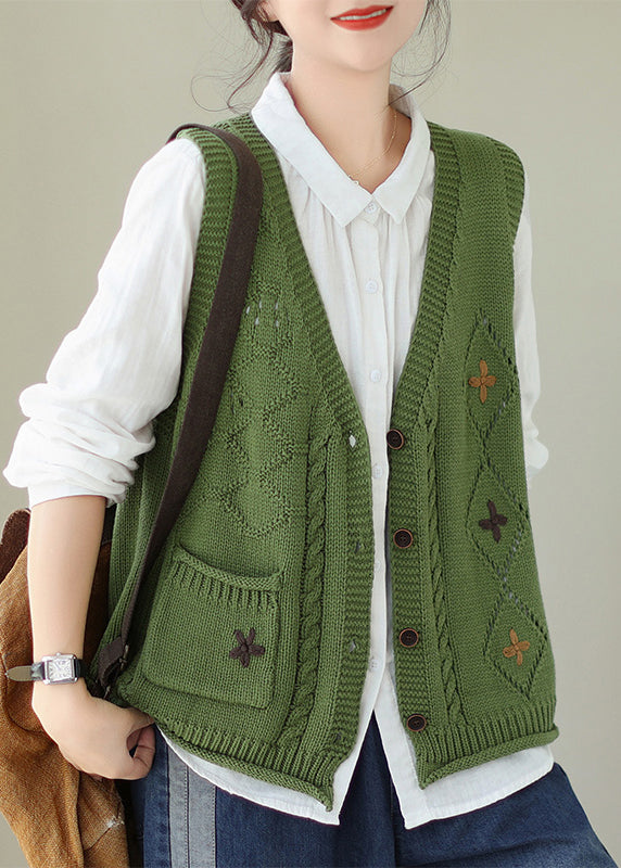 Boutique Green V Neck Embroidered Knit Vest Fall QA033 OM-ZS241009