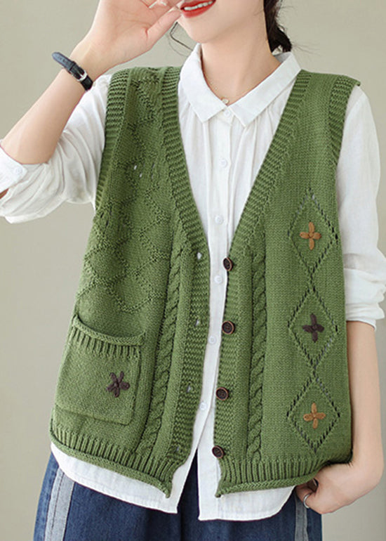 Boutique Green V Neck Embroidered Knit Vest Fall QA033 OM-ZS241009