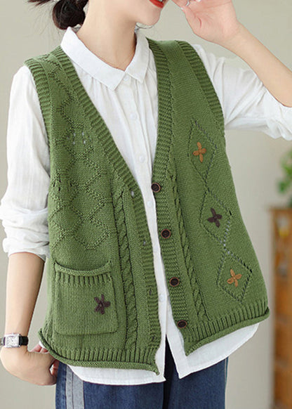 Boutique Green V Neck Embroidered Knit Vest Fall QA033 OM-ZS241009